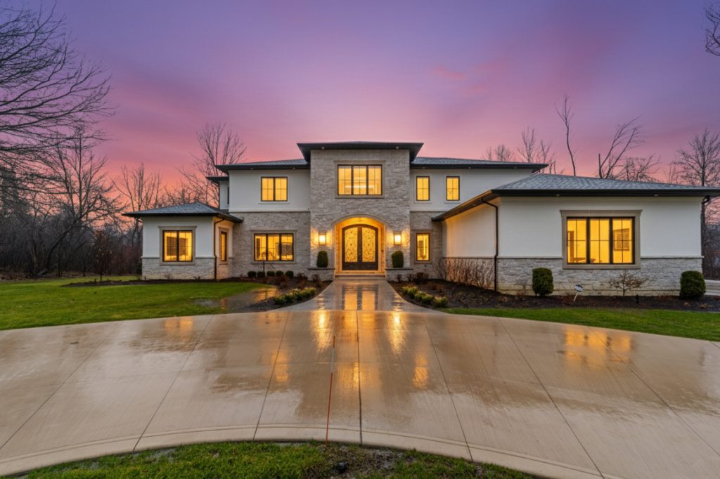 Exterior of a custom home at dusk