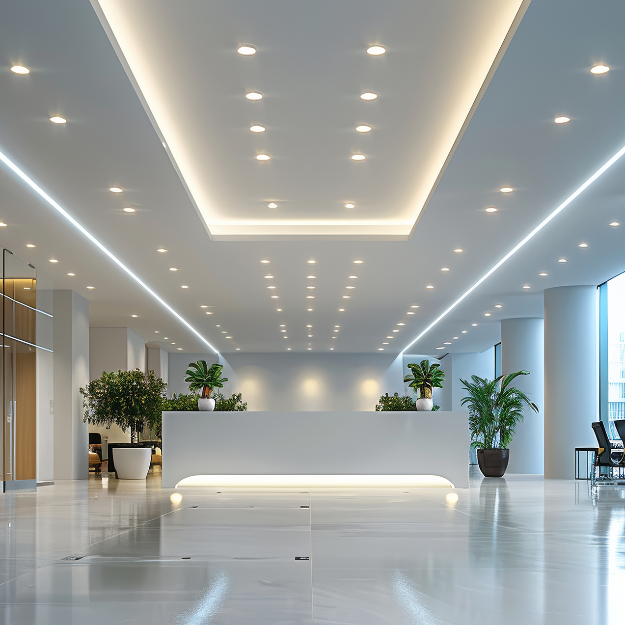 Modern office lobby with white reception desk, plants, and large windows.
